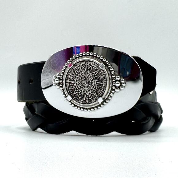 Aztec Mayan Sun Dial Calendar Belt Buckle & Vtg.‎ Braided Leather Belt 36 - Picture 1 of 9